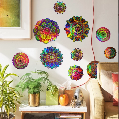 Pegatinas de Pared de Mandala con Degradado Láser Arcoíris Holográfico PVC Flor Geométrica Calcomanías Ventana Impermeable Decoración