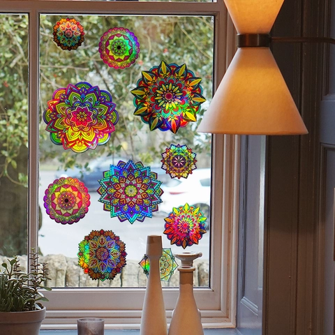 Pegatinas de Pared de Mandala con Degradado Láser Arcoíris Holográfico PVC Flor Geométrica Calcomanías Ventana Impermeable Decoración