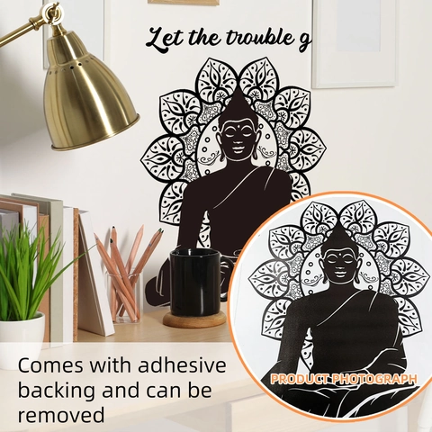 Autocollant Mural Bouddha Mandala Let The Trouble Go PVC Auto-Adhésif Zen Yoga Décor Pour Salon Chambre Salle de Bain Bureau