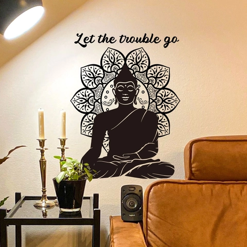Autocollant Mural Bouddha Mandala Let The Trouble Go PVC Auto-Adhésif Zen Yoga Décor Pour Salon Chambre Salle de Bain Bureau