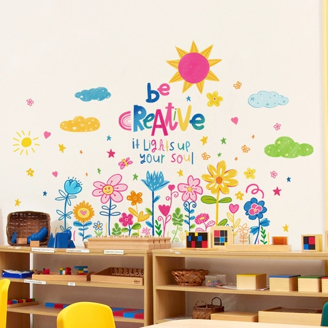 Motivationsspruch Be Creative Wandaufkleber Cartoon Bunte Blume Sonne Wolke Stern Wasserdichtes PVC Dekor Für Kinderzimmer