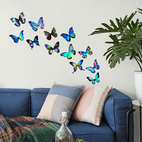 3D Laser Butterfly Wall Stickers Holographic Gradient Waterproof Removable Self Adhesive Home Decor For Bedroom Living Room