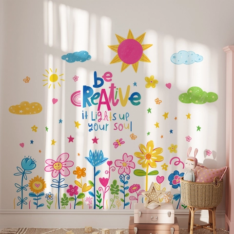 Motivationsspruch Be Creative Wandaufkleber Cartoon Bunte Blume Sonne Wolke Stern Wasserdichtes PVC Dekor Für Kinderzimmer
