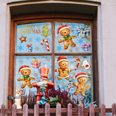 Christmas Gingerbread Man Nutcracker Snowflake Window Stickers Waterproof PVC Double Sided Glass Decals Holiday Home Decoration