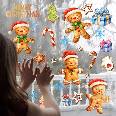 Christmas Gingerbread Man Nutcracker Snowflake Window Stickers Waterproof PVC Double Sided Glass Decals Holiday Home Decoration