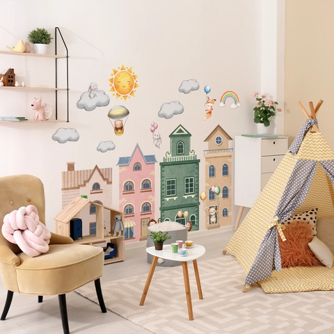 Autocollants Muraux Maison Animaux Dessins Animés Décorations En PVC Imperméables Pour Chambre Enfants Crèche Style Aquarelle