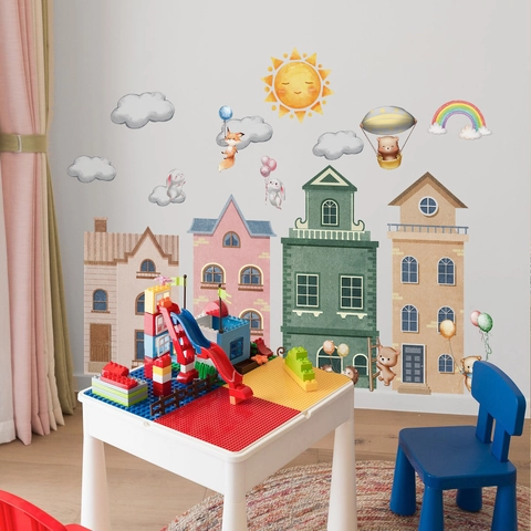 Autocollants Muraux Maison Animaux Dessins Animés Décorations En PVC Imperméables Pour Chambre Enfants Crèche Style Aquarelle
