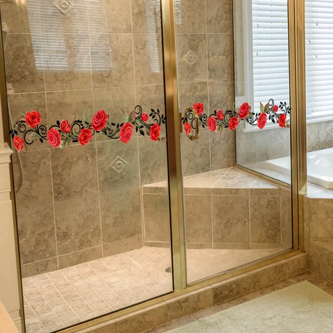Adesivo Finestra Rampicante Rosa Rossa PVC Decalcomania Statica Per Porta In Vetro Specchio Bagno Decorazione Impermeabile