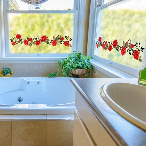 Adesivo Finestra Rampicante Rosa Rossa PVC Decalcomania Statica Per Porta In Vetro Specchio Bagno Decorazione Impermeabile