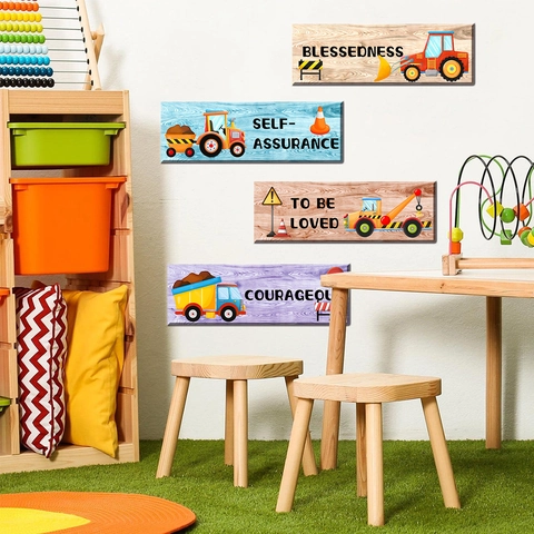 Stickers Muraux Véhicules De Construction Dessin Animé Grain De Bois PVC Citations Inspirantes Chambre Enfant