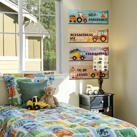 Stickers Muraux Véhicules De Construction Dessin Animé Grain De Bois PVC Citations Inspirantes Chambre Enfant