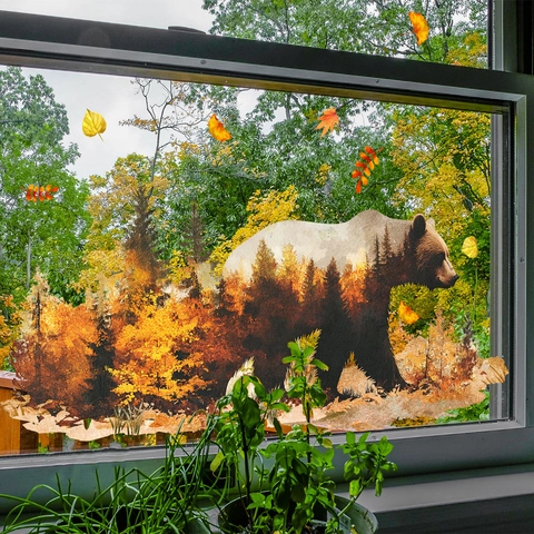 Herbst Wald Bär Silhouette Fensteraufkleber Doppelseitig Statische Haftung Abnehmbare PVC Ahornblatt Aufkleber Für Glastür Deko