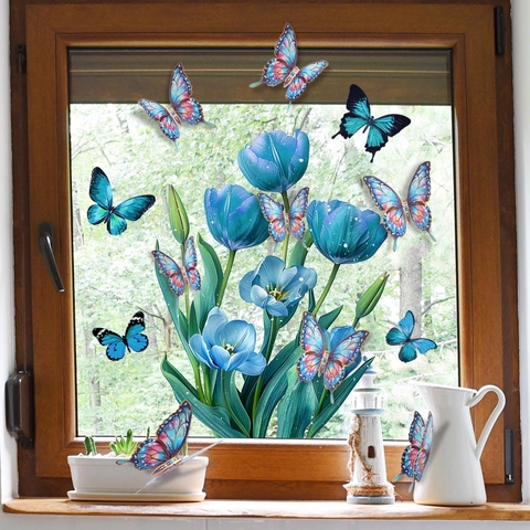 Blue Tulip Flower And 3D Butterflies Wall Stickers PVC Waterproof Decorative Decals For Home Living Room Bedroom