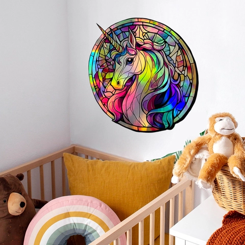 Holographic Unicorn Round Wall Sticker Stained Glass Style Laser Gradient Colorful Decal For Kids Room Living Room Laptop Decor