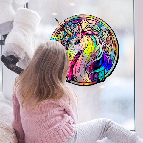 Holographic Unicorn Round Wall Sticker Stained Glass Style Laser Gradient Colorful Decal For Kids Room Living Room Laptop Decor