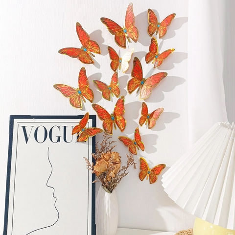 Autocollants Muraux Papillon 3D Décor PVC Plastique Strass Faux Bleus Ailes Double Couche Bordure Dorée Texture Holographique