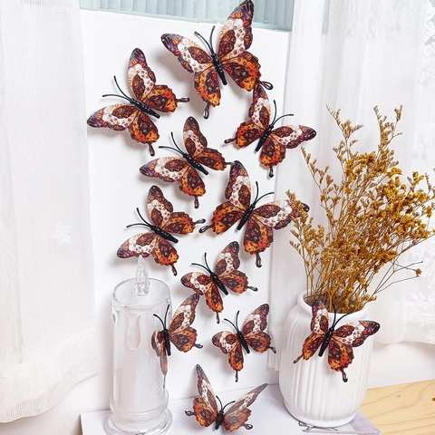 Adesivi Murali Farfalla 3D PVC Texture Marrone Arancione Autunno Ali Doppio Strato Per Soggiorno Camera Da Letto Decor