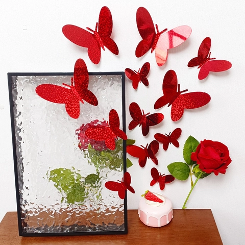 Vinilos Decorativos Mariposa 3D Rojos Estampado Rosas Purpurina Mariposa Calcomanías Para San Valentín Boda Fiesta Hogar PVC Stickers