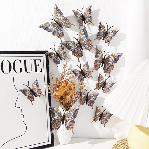 3D Butterfly Wall Stickers Vintage Floral Texture Double Layer Removable DIY Wall Decals For Home Living Room Bedroom Decor