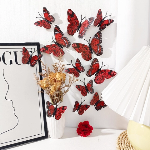 3D Butterfly Wall Stickers PVC Red Rose Pattern Stereoscopic Romantic Aesthetic Decals For Home Living Room Bedroom Wedding