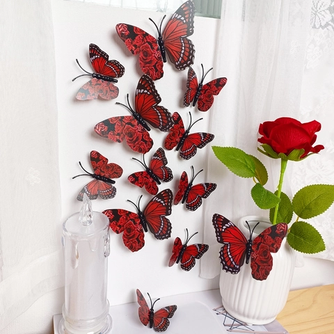 3D Butterfly Wall Stickers PVC Red Rose Pattern Stereoscopic Romantic Aesthetic Decals For Home Living Room Bedroom Wedding