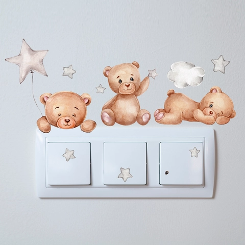 Watercolor Cartoon Bear Stars Clouds Wall Sticker PVC Aesthetic Nursery Decor Self-Adhesive Kids Bedroom Switch Sticker Mural