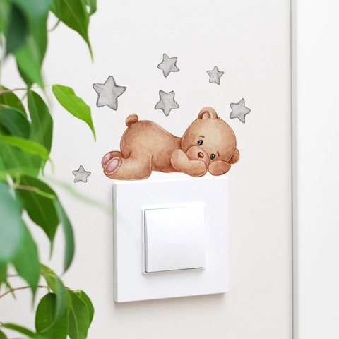 Watercolor Cartoon Bear Stars Clouds Wall Sticker PVC Aesthetic Nursery Decor Self-Adhesive Kids Bedroom Switch Sticker Mural