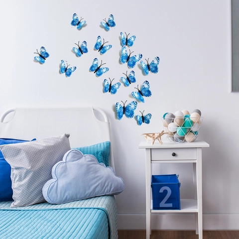Stickers Muraux Papillon 3D Bleu Motif Flocon De Neige PVC DIY Amovible Salon Chambre Décoration Maison