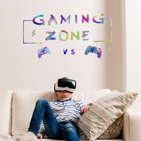 Gaming Zone Wall Stickers Holographic Iridescent Controller Decals For Gamer Room Bedroom Decor Self Adhesive Waterproof