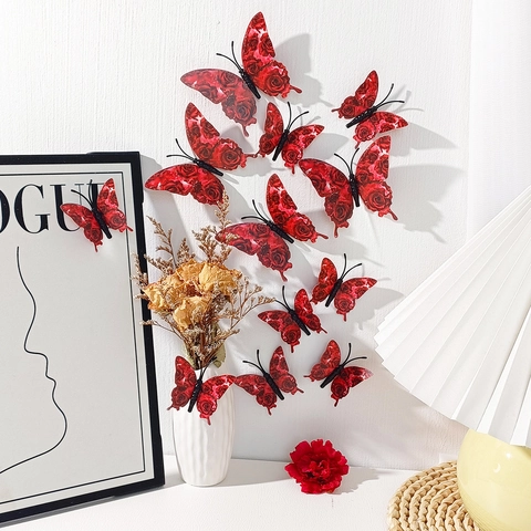 Vinilos Decorativos Mariposa 3D Rojos Estampado Rosas Purpurina Mariposa Calcomanías Para San Valentín Boda Fiesta Hogar PVC Stickers