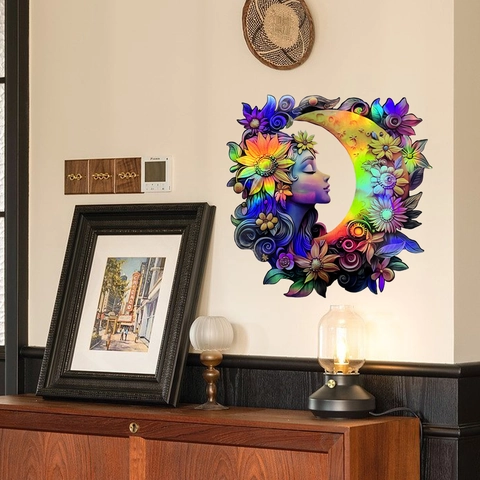 Iridescent Holographic Moon Goddess Wall Sticker Artistic Woman Face Rainbow Flower Window Decal Home Decor 30x30cm