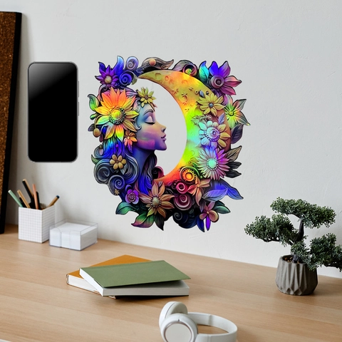 Iridescent Holographic Moon Goddess Wall Sticker Artistic Woman Face Rainbow Flower Window Decal Home Decor 30x30cm