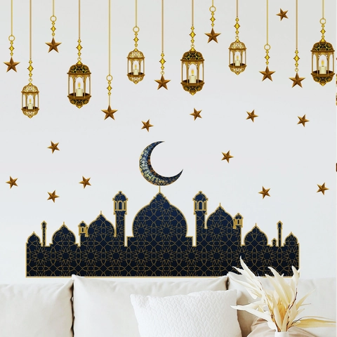 Ramadan Wandtattoo Moschee Mond Stern Gold Blau Dekorative Aufkleber Für Wohnzimmer Schlafzimmer Home Art PVC Wandgestaltung