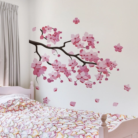 Pink Peach Blossom Tree Branch Wall Sticker Removable Waterproof PVC Floral Mural For Bedroom Living Room Home Decor