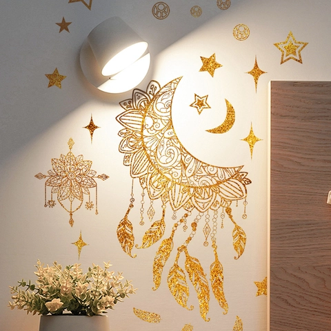 Golden Glitter Moon Star Dream Catcher Wall Stickers Mandala PVC Bohemian Decals For Bedroom Living Room Home Decor