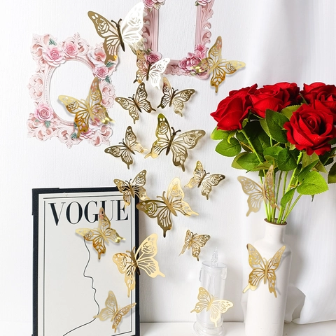 3D Mirror Rose Gold Hollow Butterfly Wall Stickers Rose Pattern Decorative Art Stickers For Home Bedroom Wedding Party Background Decor