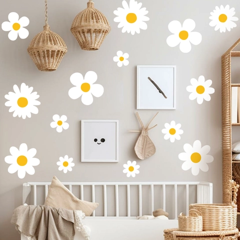 White Daisy Wall Decals Set Waterproof Yellow Flower Wall Stickers For Nursery Kids Bedroom Living Room Home Decor Art