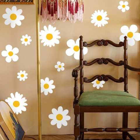 White Daisy Wall Decals Set Waterproof Yellow Flower Wall Stickers For Nursery Kids Bedroom Living Room Home Decor Art