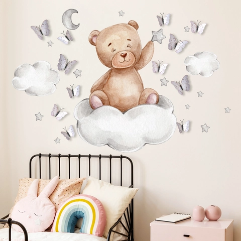 Adesivi Murali Orso Su Nuvola Con Farfalle 3D Decorazione In PVC Per Cameretta Bambini Stile Acquerello