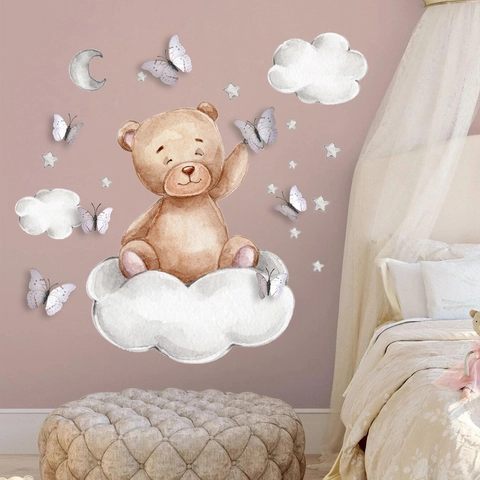 Adesivi Murali Orso Su Nuvola Con Farfalle 3D Decorazione In PVC Per Cameretta Bambini Stile Acquerello