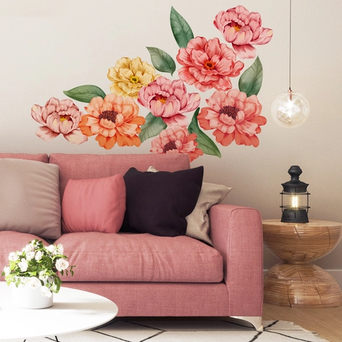 Pfingstrosen Blumen Wandaufkleber Rosa Florale Dekore Wasseraktivierter Kleber Handbemalter Stil Eleganter Heimschmuck