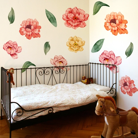 Pfingstrosen Blumen Wandaufkleber Rosa Florale Dekore Wasseraktivierter Kleber Handbemalter Stil Eleganter Heimschmuck