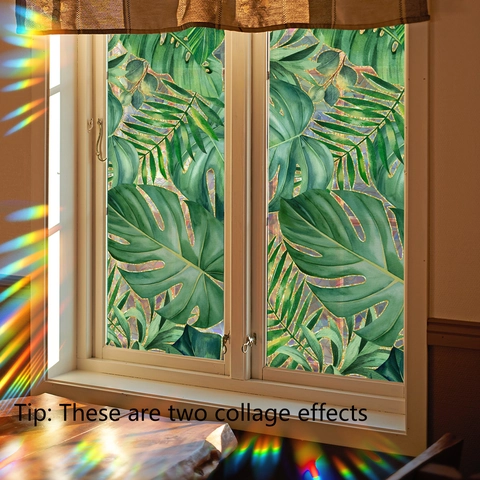 Película Privacidad Ventana Hojas Palma Tropical Efecto Arcoíris Estática Adhesiva Pegatina Cristal Removible Impermeable Decorativa