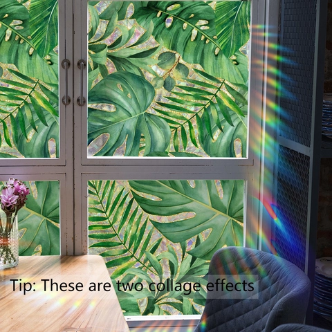 Película Privacidad Ventana Hojas Palma Tropical Efecto Arcoíris Estática Adhesiva Pegatina Cristal Removible Impermeable Decorativa