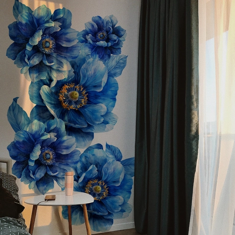 Adesivi Murali Peonia Blu Acquerello Carta Senza PVC Decorazione Artistica Dipinta a Mano Soggiorno Camera da Letto