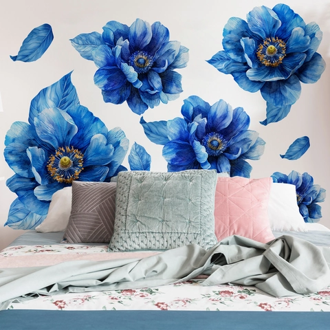 Adesivi Murali Peonia Blu Acquerello Carta Senza PVC Decorazione Artistica Dipinta a Mano Soggiorno Camera da Letto