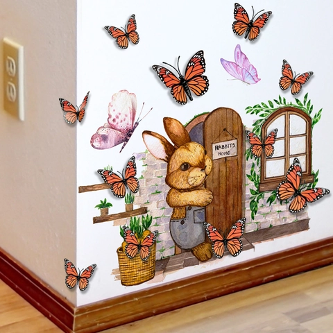 Cartoon Hase Und Dreidimensionaler Schmetterling Wandaufkleber PVC Abnehmbar Wasserdicht Heimdekoration Für Kinderzimmer