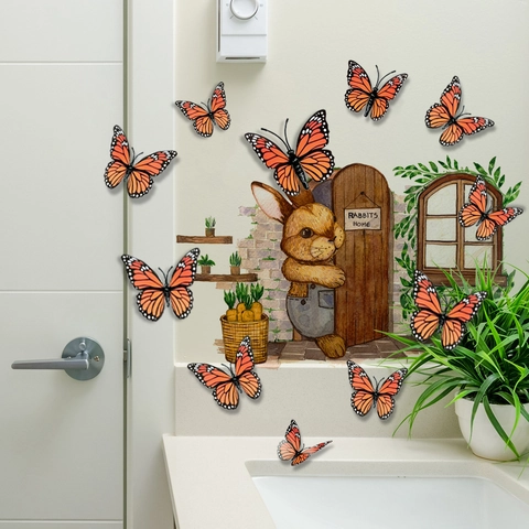 Cartoon Hase Und Dreidimensionaler Schmetterling Wandaufkleber PVC Abnehmbar Wasserdicht Heimdekoration Für Kinderzimmer