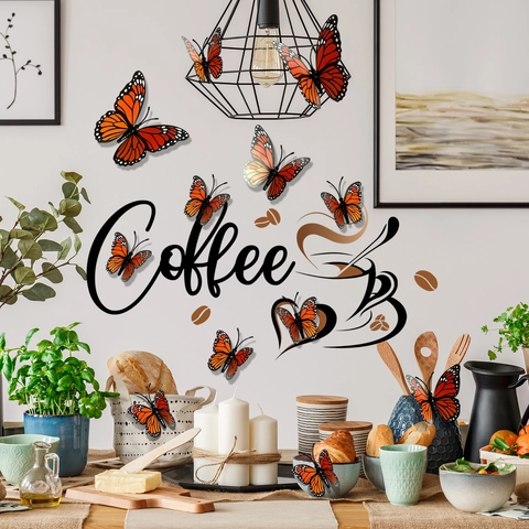 3D Butterfly Wall Stickers And Coffee Cup Quote PVC Removable Decals For Kitchen Living Room Cafe Home Wall Decor