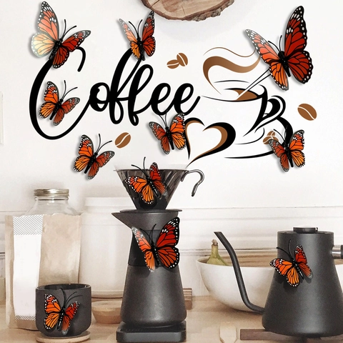 3D Butterfly Wall Stickers And Coffee Cup Quote PVC Removable Decals For Kitchen Living Room Cafe Home Wall Decor